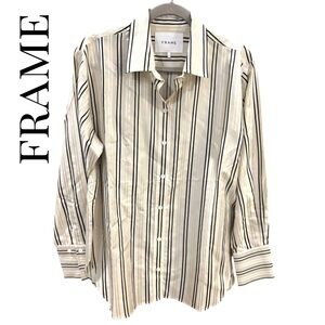 Frame Denim Black and White Striped Button Down Shirt 100% Silk